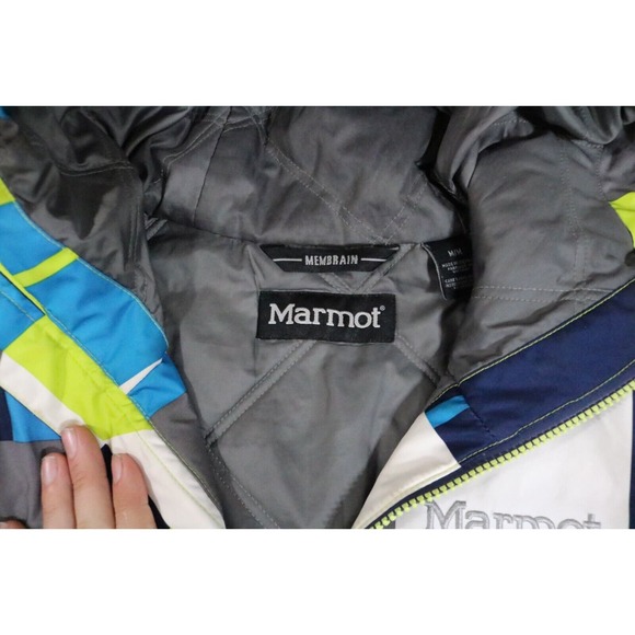 Marmot Jacket Men Medium Abstract Hooded Heavy Winter Snow Sports Ski - Picture 3 of 11